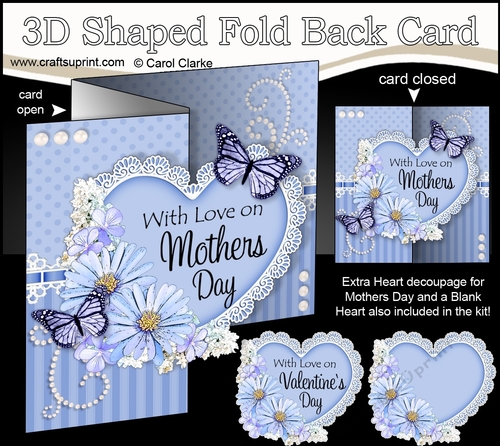 3 in 1 Floral Heart - 3D Shaped No-Hole Fold Back Card with Decoupage Mini Kit