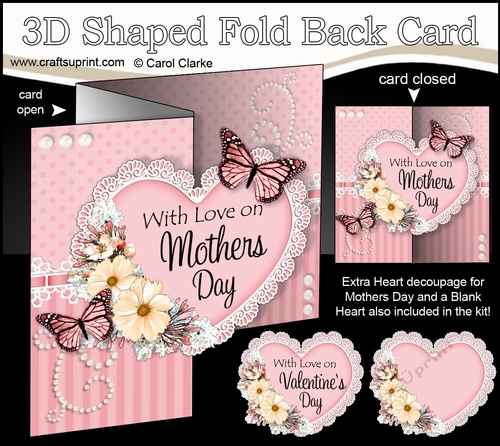 3 in 1 Floral Heart - 3D Shaped No-Hole Fold Back Card with Decoupage Mini Kit