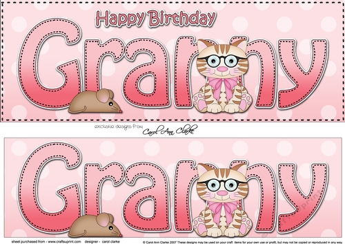Large DL Happy Birthday GRANNY 3D decoupage with Cute Little Cat