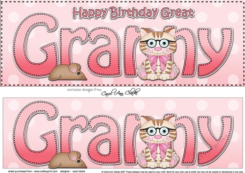 Large DL Happy Birthday GREAT GRANNY 3D decoupage with Cute Little Cat