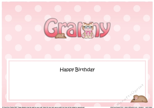 Large DL Happy Birthday GRANNY insert with Cute Little Cat