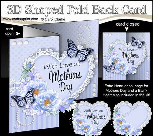 3 in 1 Floral Heart - 3D Shaped No-Hole Fold Back Card with Decoupage Mini Kit