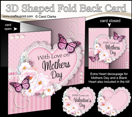 3 in 1 Floral Heart - 3D Shaped No-Hole Fold Back Card with Decoupage Mini Kit