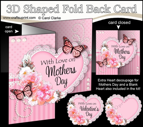 3 in 1 Floral Heart - 3D Shaped No-Hole Fold Back Card with Decoupage Mini Kit