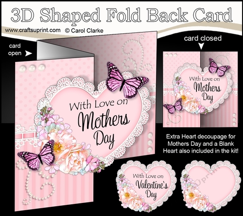 3 in 1 Floral Heart - 3D Shaped No-Hole Fold Back Card with Decoupage Mini Kit