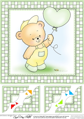 Hunney Bear Robert has a Balloon - 8 x 8 Scalloped corner Topper
