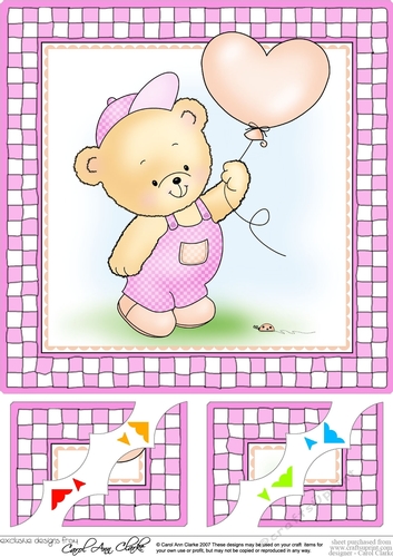 Hunney Bear Robert has a Balloon - 8 x 8 Scalloped corner Topper