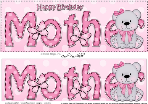 Large DL Happy Birthday MOTHER 3D decoupage with Livvy Bear
