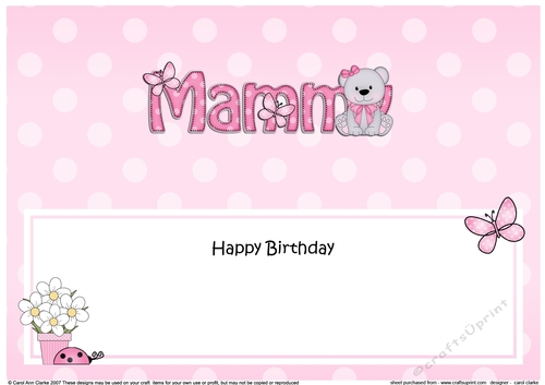 Large DL Happy Birthday MAMMY insert with Livvy Bear