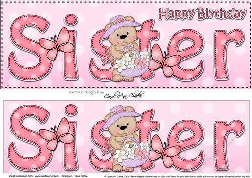 Large DL Happy Birthday SISTER 3D decoupage with Livvy Bear