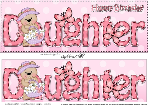 Large DL Happy Birthday DAUGHTER 3D decoupage with Livvy Bear