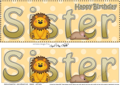 Large DL Happy Birthday SISTER 3D decoupage with Cute Lion