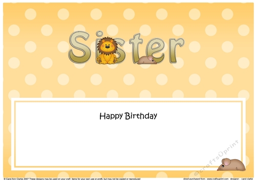 Large DL Happy Birthday SISTER insert with Cute Lion