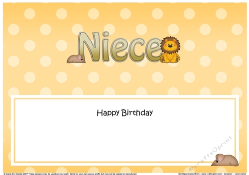 Large DL Happy Birthday NIECE insert with Cute Lion