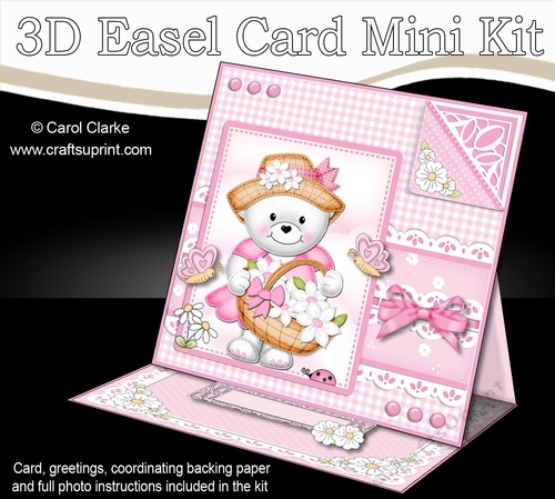 3D Easel Card Mini Kit - Pretty in Pink - Teddy Tess has a Basket of Flowers