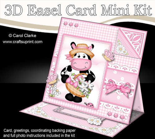 3D Easel Card Mini Kit - Pretty in Pink - Milly Moo Cow has a Basket of Flowers