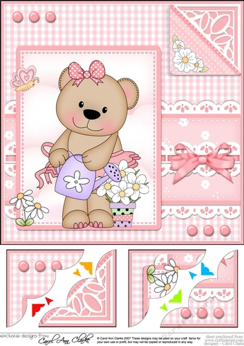 Cute Little Livvy Bear & Lace - 8 x 8 Scalloped Corner Topper 