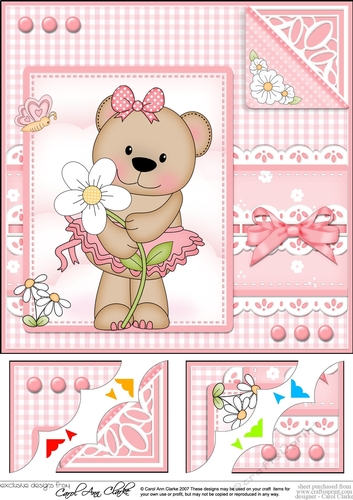 Cute Little Livvy Bear & Lace - 8 x 8 Scalloped Corner Topper 