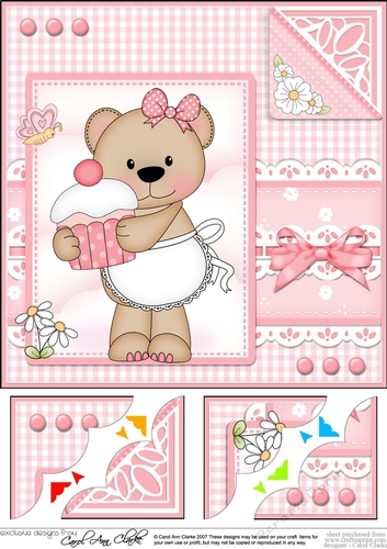 Cute Little Livvy Bear & Lace - 8 x 8 Scalloped Corner Topper 