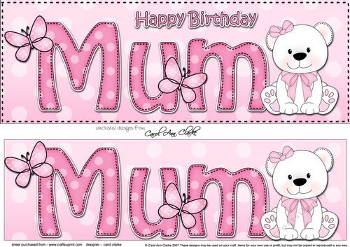 Large DL Happy Birthday MUM 3D decoupage with Livvy Bear
