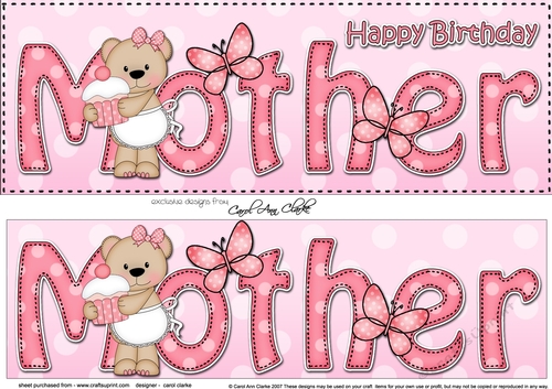 Large DL Happy Birthday MOTHER 3D decoupage with Livvy Bear