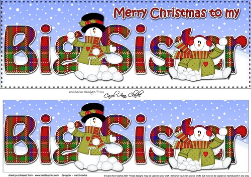 Large DL Merry Christmas to my BIG SISTER 3D decoupage with Snowman Rio