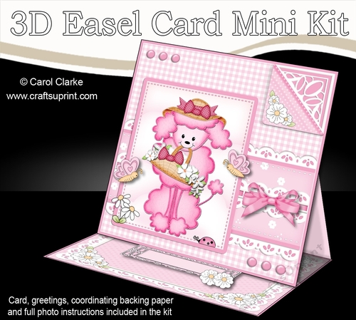 3D Easel Card Mini Kit - Pretty in Pink - Cute Poodle has a Basket of Flowers