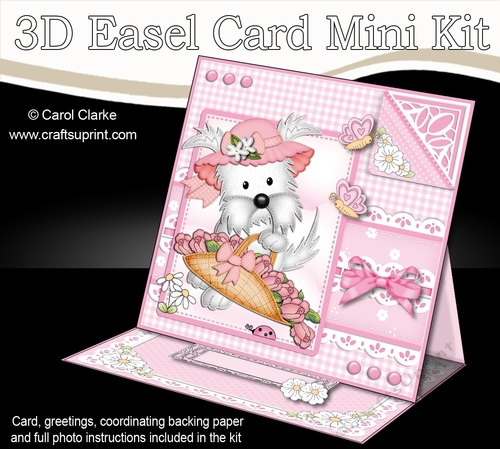 3D Easel Card Mini Kit - Pretty in Pink - Cute Westie has a Basket of Flowers