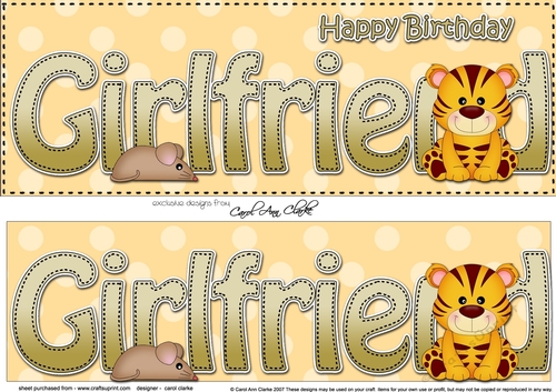 Large DL Happy Birthday GIRLFRIEND 3D decoupage with Cute Little Tiger