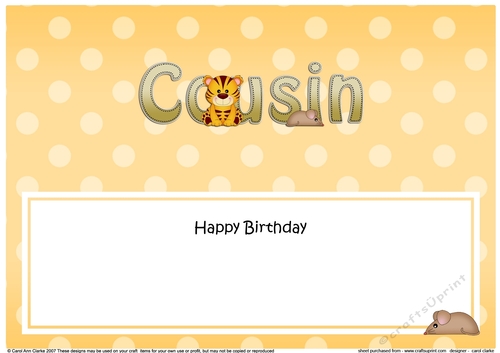 Large DL Happy Birthday COUSIN insert with Cute Little Tiger