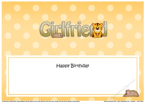 Large DL Happy Birthday GIRLFRIEND insert with Cute Little Tiger