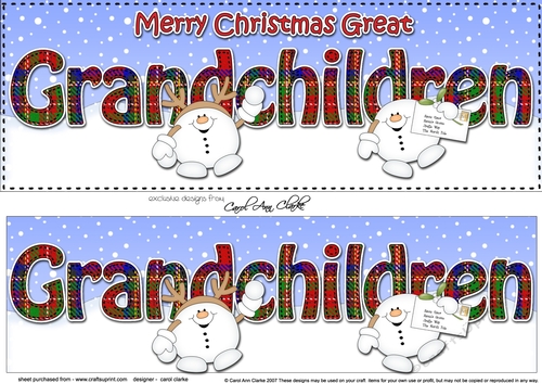 Large DL Merry Christmas GREAT GRANDCHILDREN 3D decoupage with Snowball Sam