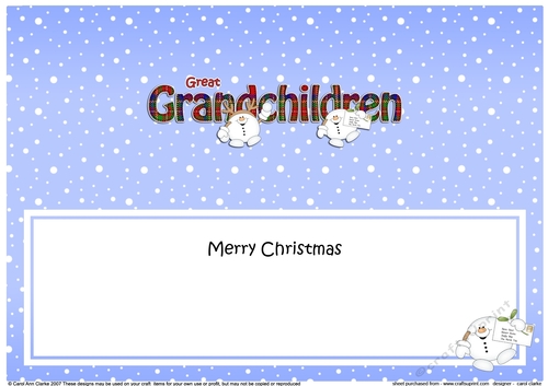 Large DL Merry Christmas GREAT GRANDCHILDREN insert with Snowball Sam