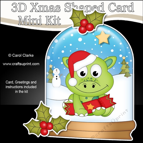 3D Shaped Christmas Snow Globe Card Kit - Cute Little Dino has a Christmas Cracker