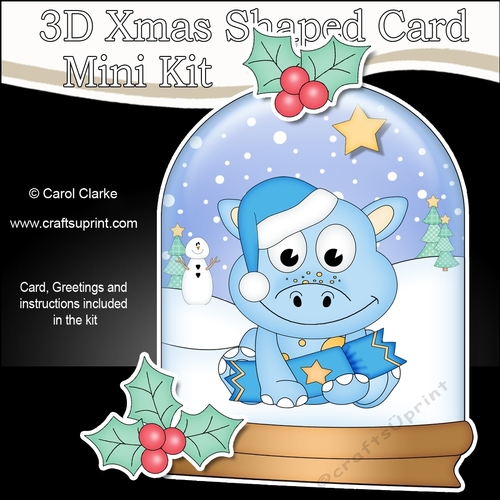 3D Shaped Christmas Snow Globe Card Kit - Cute Little Dino has a Christmas Cracker