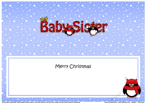Large DL Merry Christmas BABY SISTER insert with Penguins