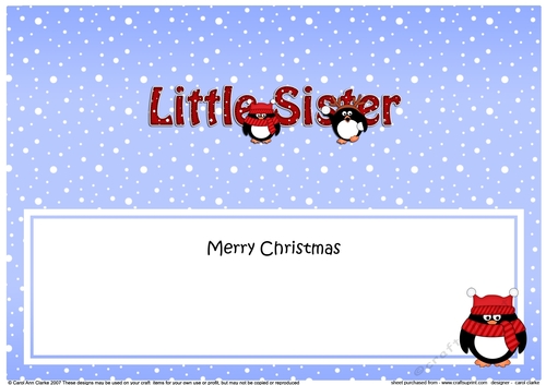 Large DL Merry Christmas LITTLE SISTER insert with Penguins