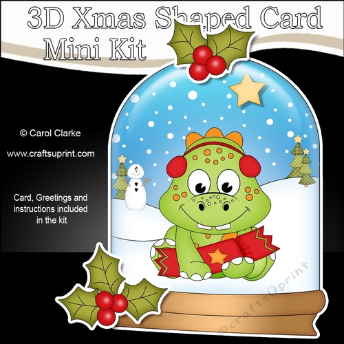 3D Shaped Christmas Snow Globe Card Kit - Cute Little Dino has a Christmas Cracker