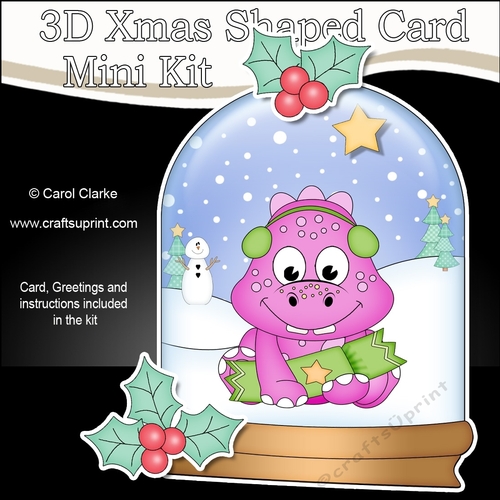 3D Shaped Christmas Snow Globe Card Kit - Cute Little Dino has a Christmas Cracker