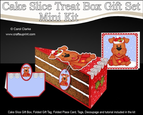 3D Christmas Cake Slice Treat Box Gift Set Mini Kit - Cute Little Rusty Dog has an Xmas Cracker 