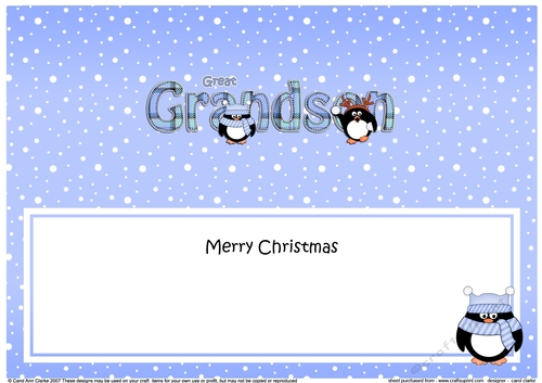 Large DL Merry Christmas GREAT GRANDSON insert with Penguins