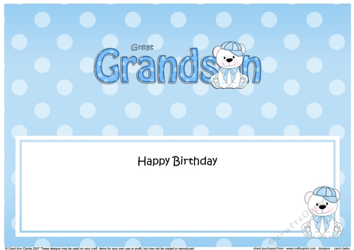 Large DL Happy Birthday GREAT GRANDSON insert with Austin Bear