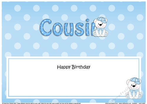 Large DL Happy Birthday COUSIN insert with Austin Bear