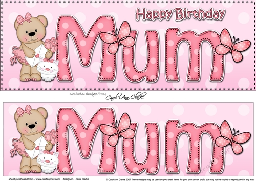 Large DL Happy Birthday MUM 3D decoupage with Livvy Bear