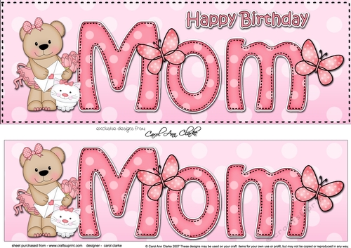 Large DL Happy Birthday MOM 3D decoupage with Livvy Bear
