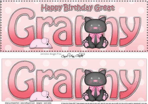 Large DL Happy Birthday GREAT GRANNY 3D decoupage with Cute Cat