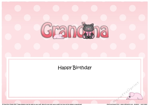 Large DL Happy Birthday GRANDMA insert with Cute Cat