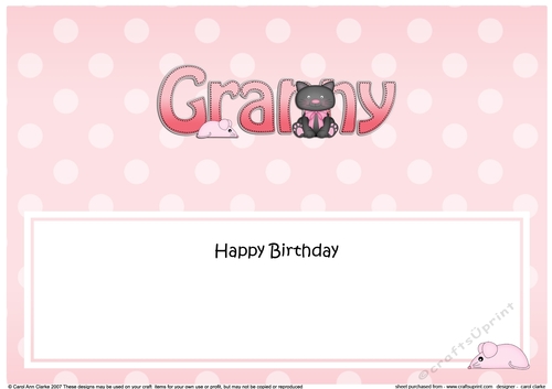 Large DL Happy Birthday GRANNY insert with Cute Cat
