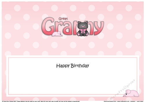 Large DL Happy Birthday GREAT GRANNY insert with Cute Cat