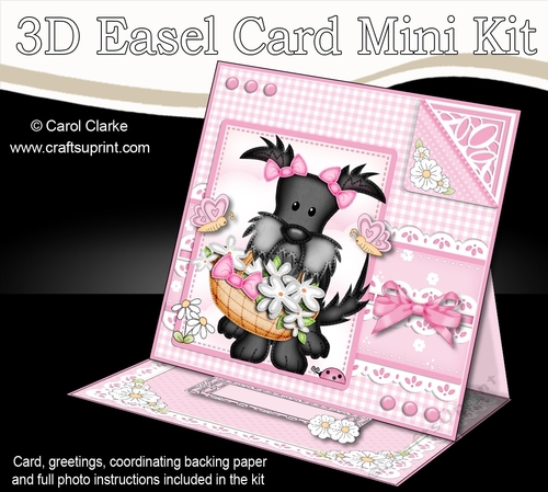 3D Easel Card Mini Kit - Pretty in Pink - Cute Scottie Dog has a Basket of Flowers